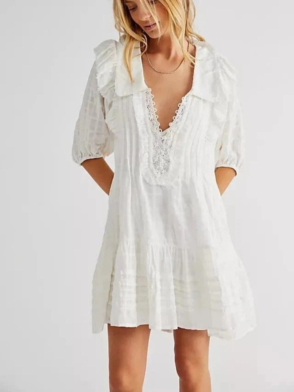 Free People Elora Dress White Cotton Batiste Lace Gauze Boho Size S